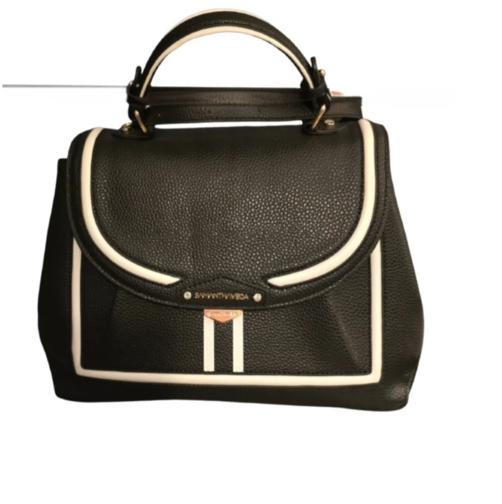 Samantha Vega B+W Leather Structured Satchel Crossbody Bag Tennis Lining